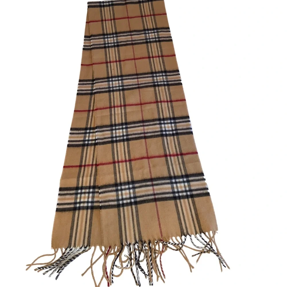 V. Fraas Tan Plaid Scarf Fringe Unisex Mens Womens Made in Germany Soft Acrylic